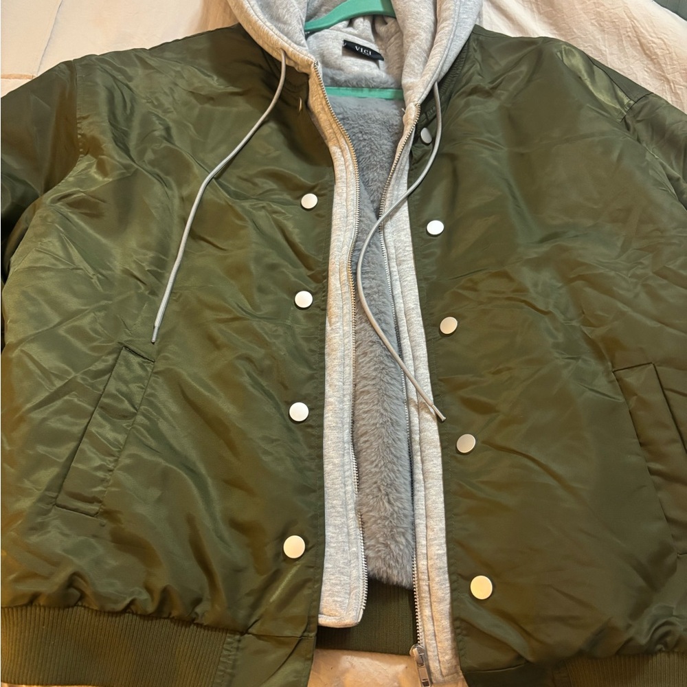 Vici Green and Gray Jacket with Faux Fur Lining